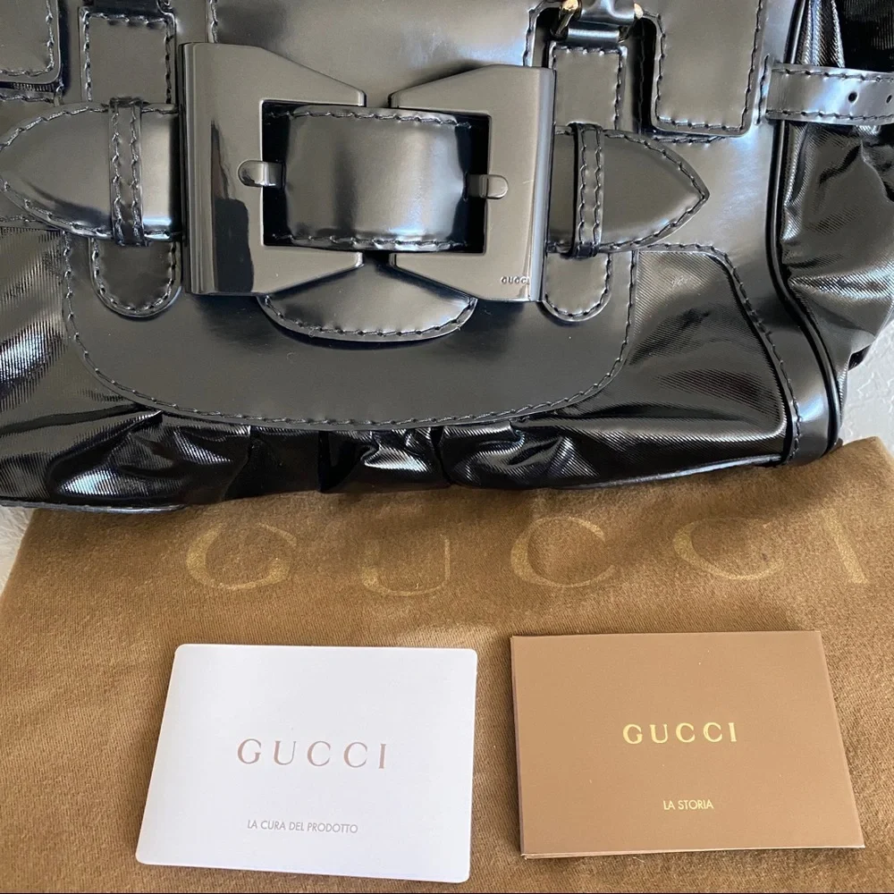 GUCCI Black Patent leather buckle bow Large Tote Bag